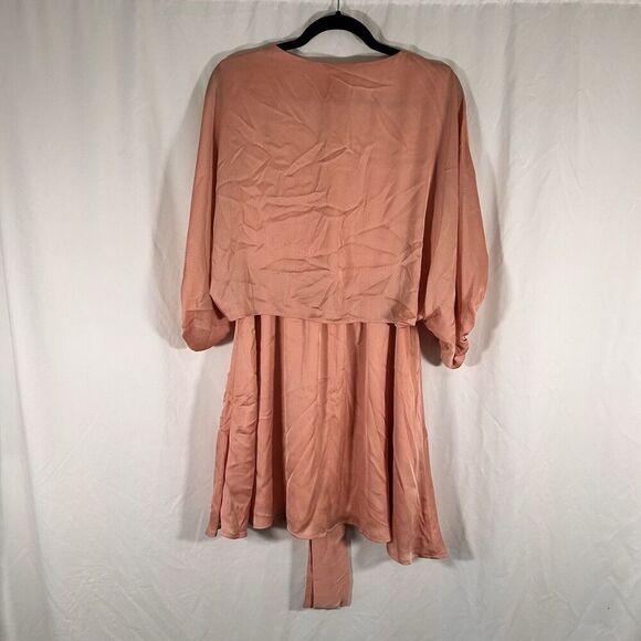 New STORIA Mini Dress Women's Large Pink Vneck Tie Elastic Waist Short Sleeve - Picture 8 of 10